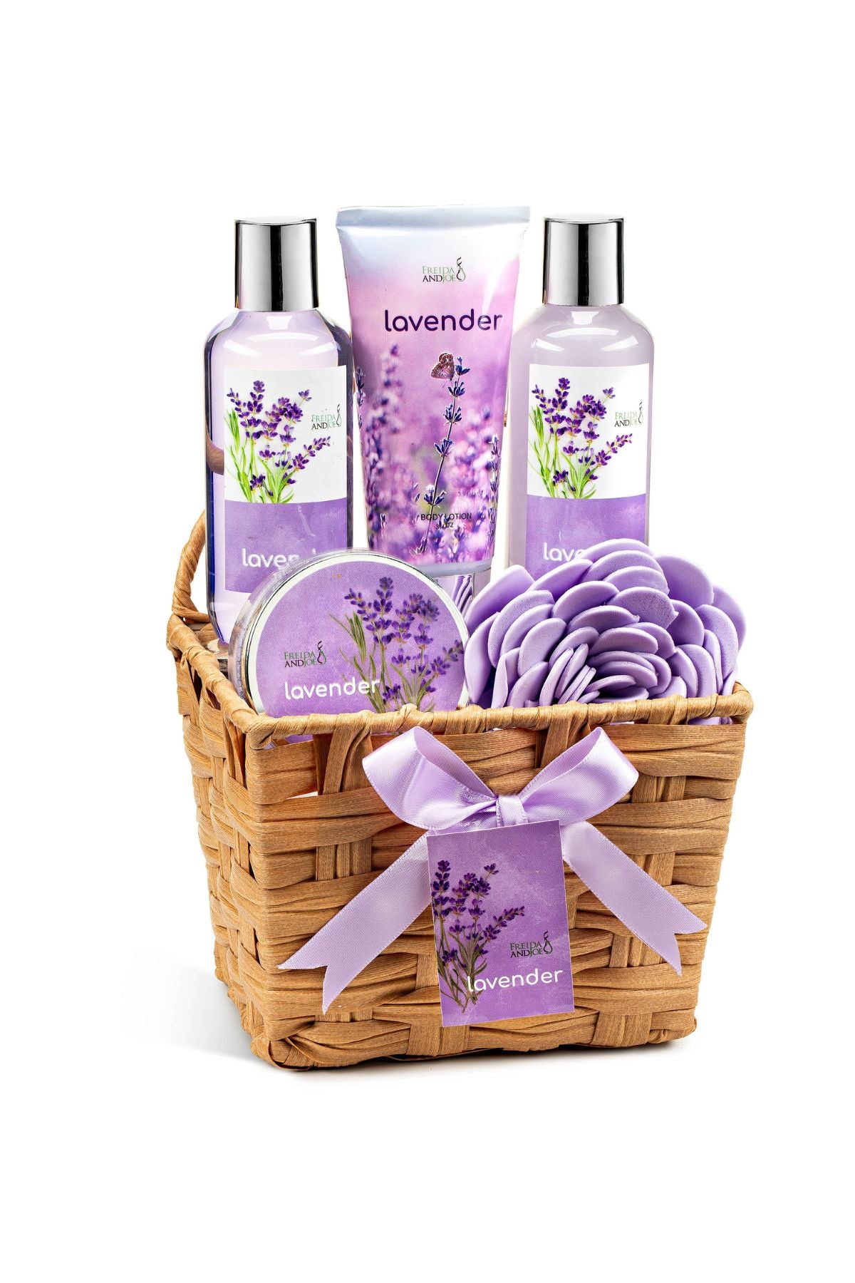 Lavender Bath and Body 6 Piece Gift Set in A Wicker Basket Calm & Relaxing Lavender Spa Gift Set for Women – Perfect Self-Care Gift for Holidays, Birthdays & Special Occasions