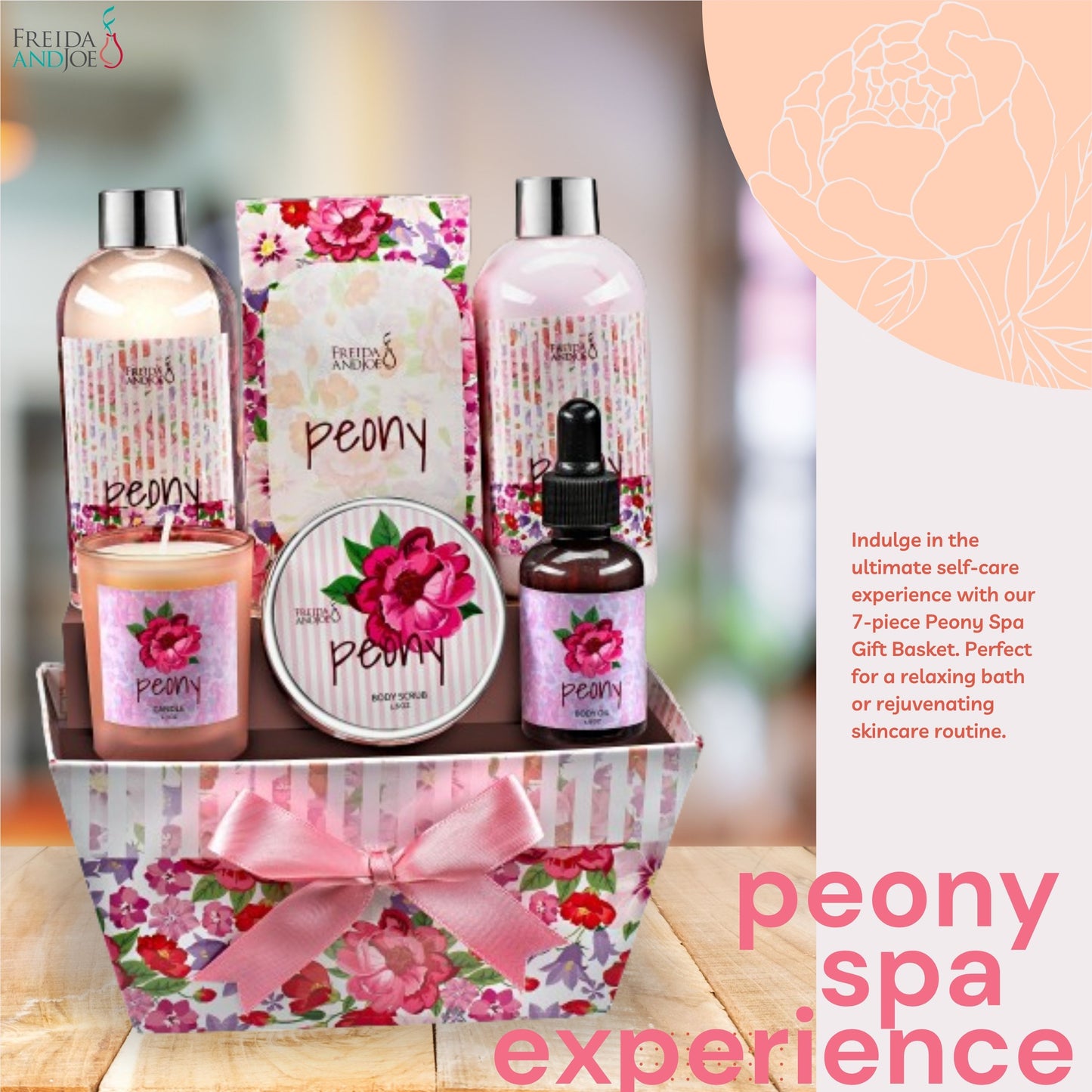 Peony Floral Spa Basket – 7-Piece Bath and Body Gift Set for Women with Shower Gel, Body Lotion, Body Scrub, Body Oil, Bath Salt, and Scented Candle – Perfect Spa Gift