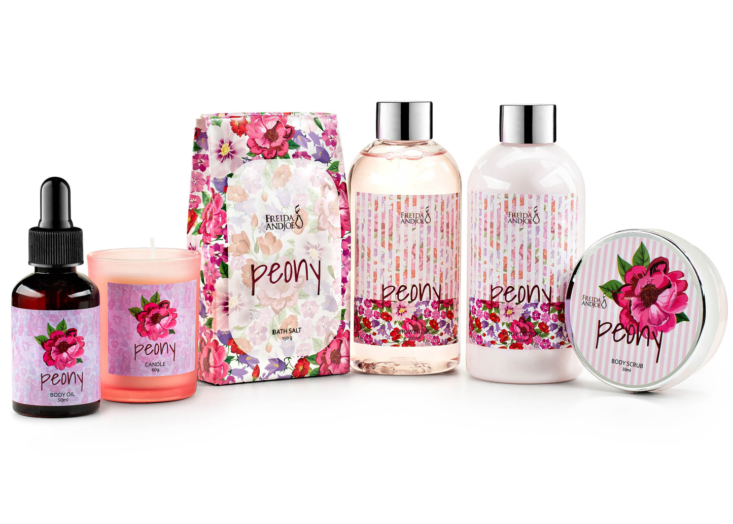 Peony Floral Spa Basket – 7-Piece Bath and Body Gift Set for Women with Shower Gel, Body Lotion, Body Scrub, Body Oil, Bath Salt, and Scented Candle – Perfect Spa Gift