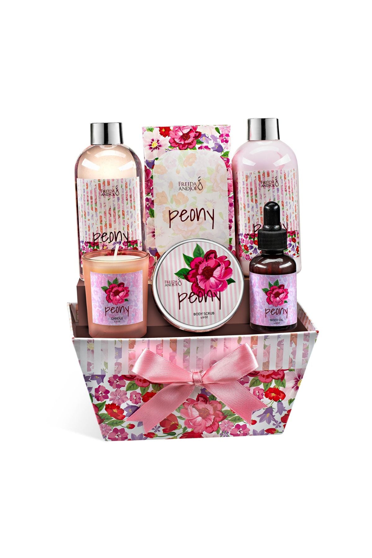 Peony Floral Spa Basket – 7-Piece Bath and Body Gift Set for Women with Shower Gel, Body Lotion, Body Scrub, Body Oil, Bath Salt, and Scented Candle – Perfect Spa Gift