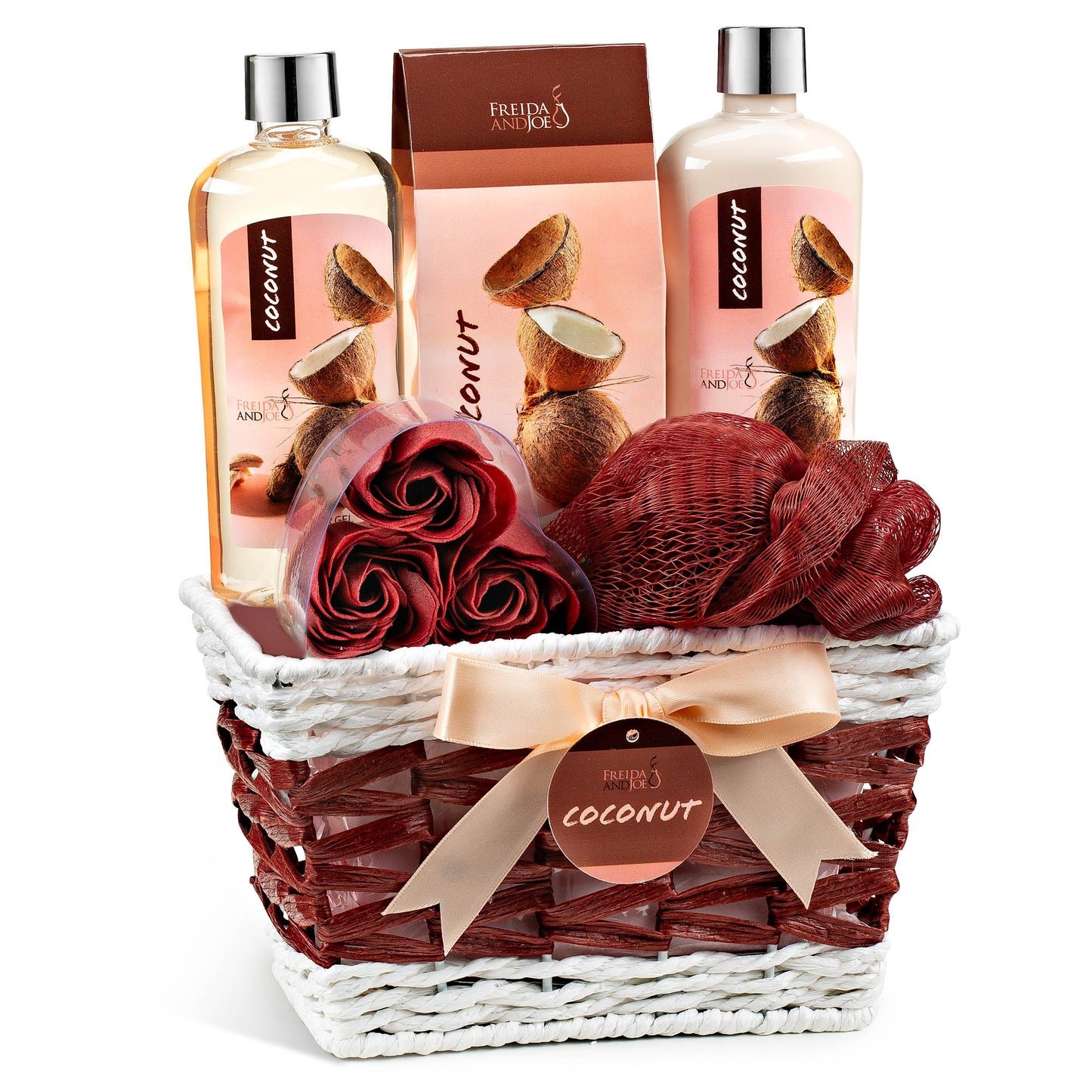 Bath Gift Set for Women - Coconut Spa Gift Basket, 6-Piece Bath & Body Set with Shower Gel, Body Lotion, Bath Salts, Soap Flowers, Bath Sponge in a Wicker Basket – Perfect Holiday Gift