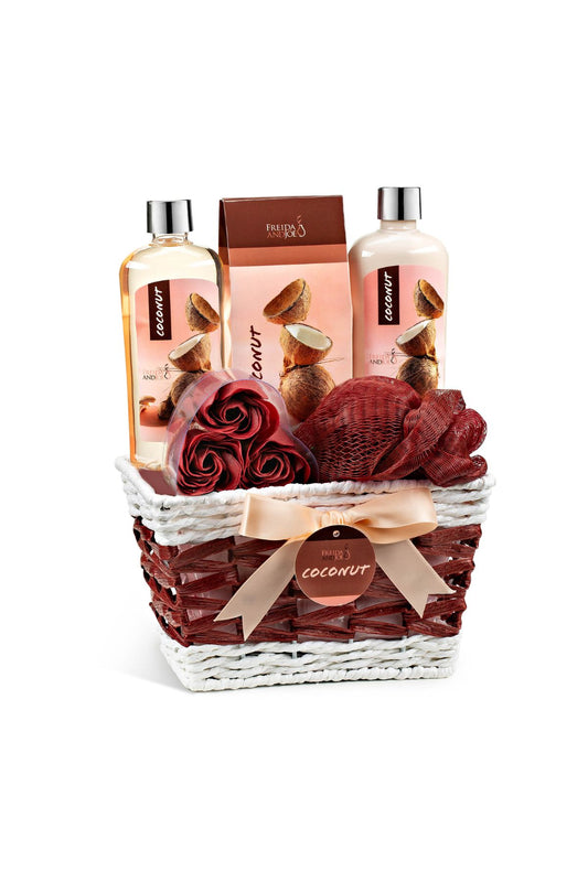 Bath Gift Set for Women - Coconut Spa Gift Basket, 6-Piece Bath & Body Set with Shower Gel, Body Lotion, Bath Salts, Soap Flowers, Bath Sponge in a Wicker Basket – Perfect Holiday Gift