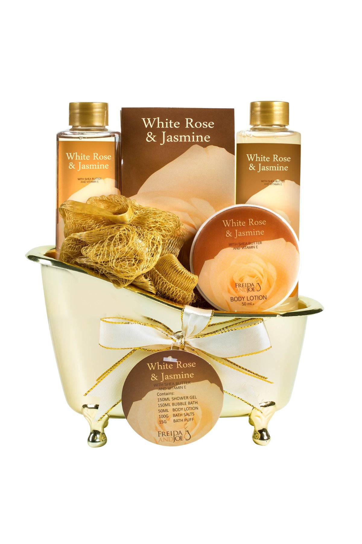 White Rose Jasmine Gold Tub Spa Basket: Shower Gel, Bubble Bath, Body Lotion, Bath Salts