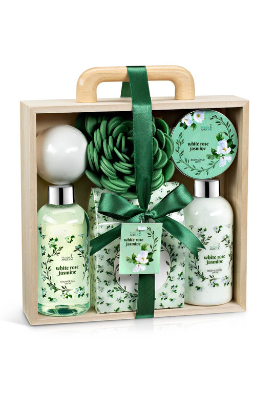 White Rose Jasmine 7-pc Bath & Body Essential Aromatherapy Set for Women in Natural Wood Curio