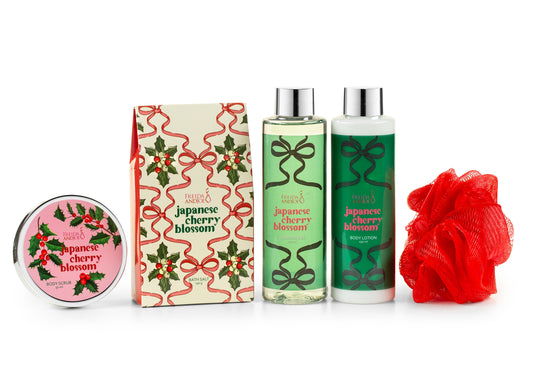 Japanese Cherry Blossom Spa Gift Basket, 6-Piece Bath & Body Set in a Wicker Basket – Perfect Holiday Gift
