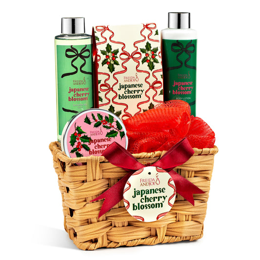 Japanese Cherry Blossom Spa Gift Basket, 6-Piece Bath & Body Set in a Wicker Basket – Perfect Holiday Gift
