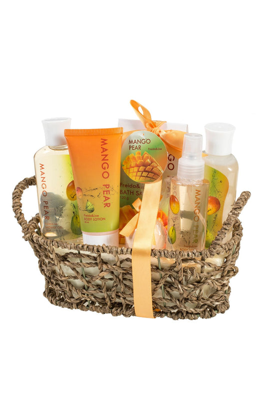 Tropical Mango-Pears Gift Basket: Shower Gel, Bubble Bath, Body Spray, Bath Bomb & More.