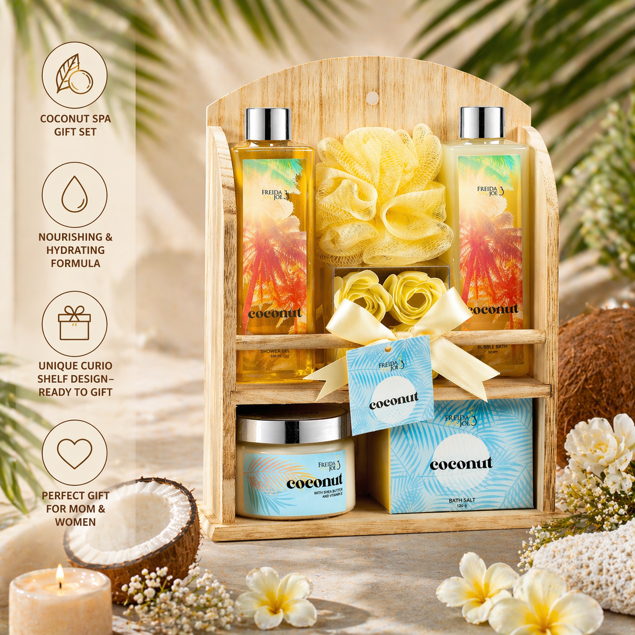 Coconut Spa Gift Basket for Women – Luxury Bath & Body Gift Set in Wooden Curio Shelf