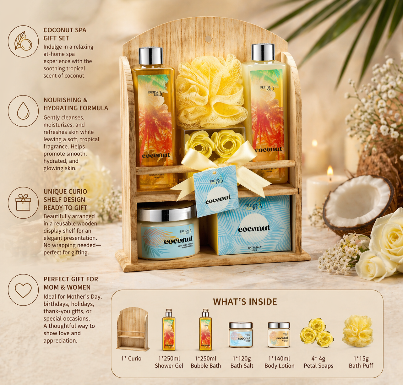 Coconut Spa Gift Basket for Women – Luxury Bath & Body Gift Set in Wooden Curio Shelf