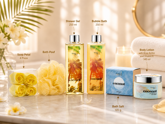 Coconut Spa Gift Basket for Women – Luxury Bath & Body Gift Set in Wooden Curio Shelf