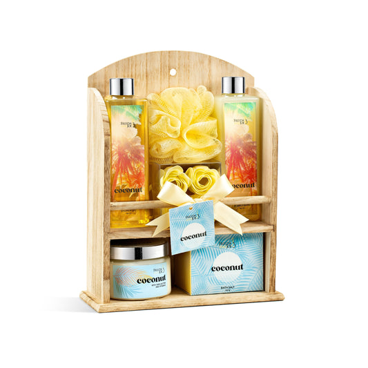 Coconut Spa Gift Basket for Women – Luxury Bath & Body Gift Set in Wooden Curio Shelf