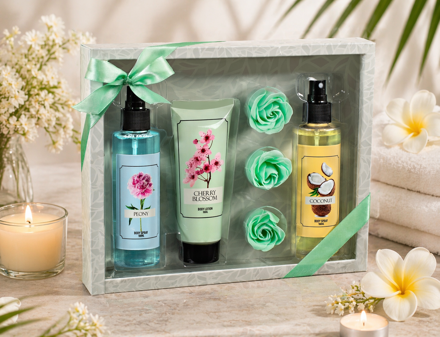 Floral Mist Trio Gift Set – Mother's Day Spa Gift Basket for Mom, Luxury Bath & Body Set, Peony, Coconut, Cherry Blossom Scented Self Care Kit