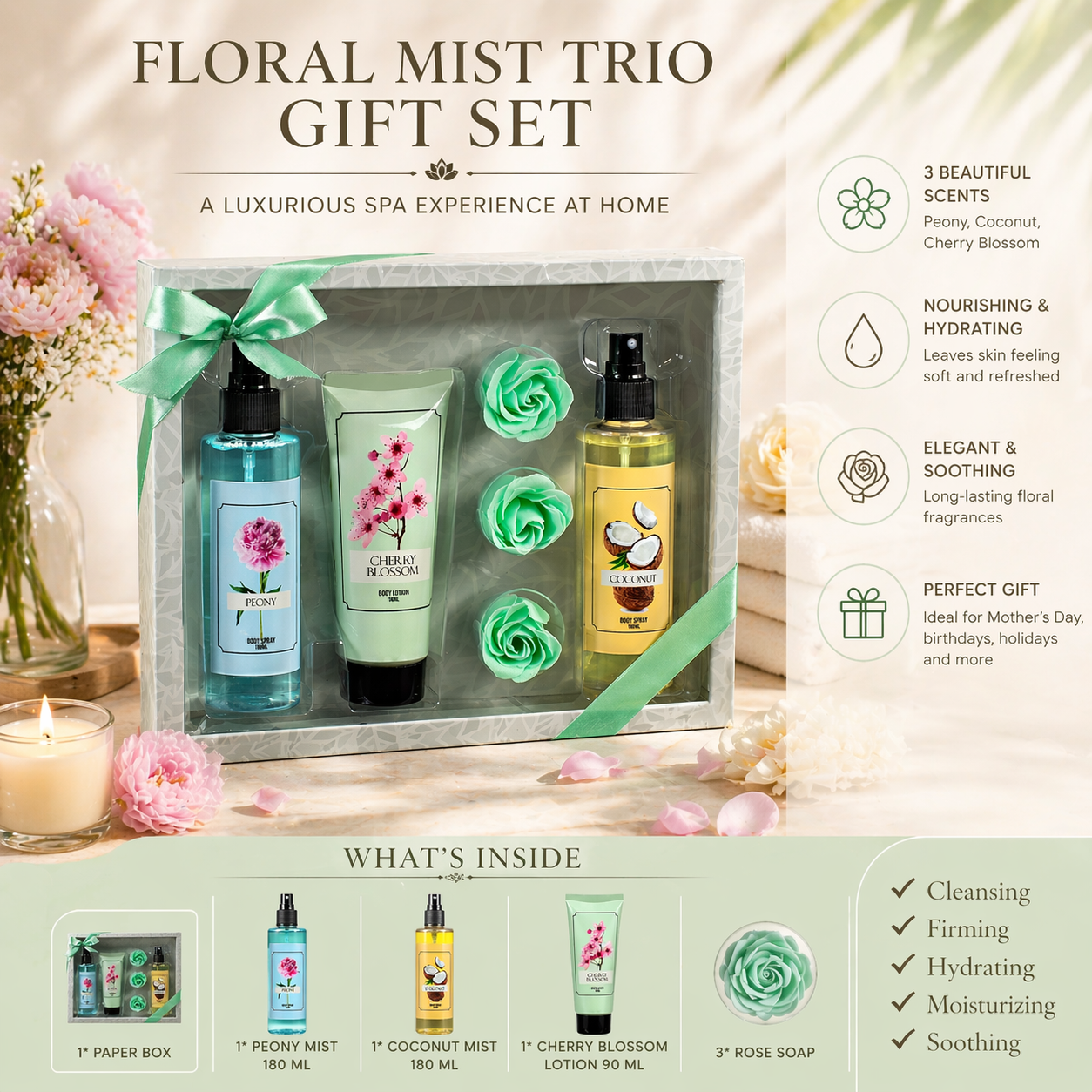 Floral Mist Trio Gift Set – Mother's Day Spa Gift Basket for Mom, Luxury Bath & Body Set, Peony, Coconut, Cherry Blossom Scented Self Care Kit
