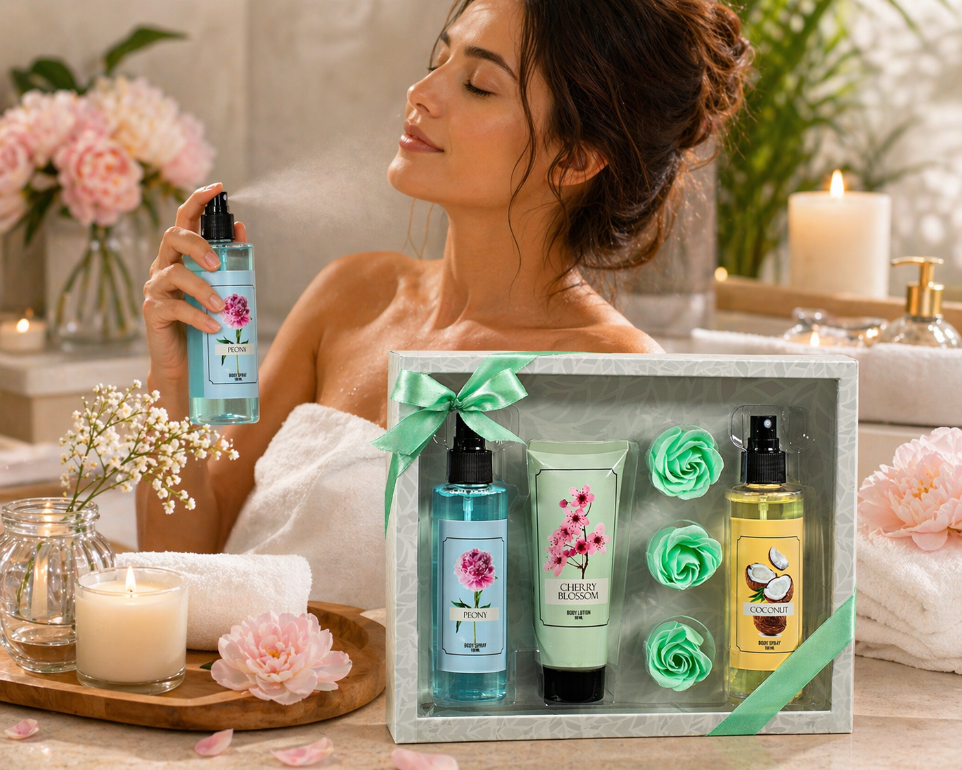 Floral Mist Trio Gift Set – Mother's Day Spa Gift Basket for Mom, Luxury Bath & Body Set, Peony, Coconut, Cherry Blossom Scented Self Care Kit