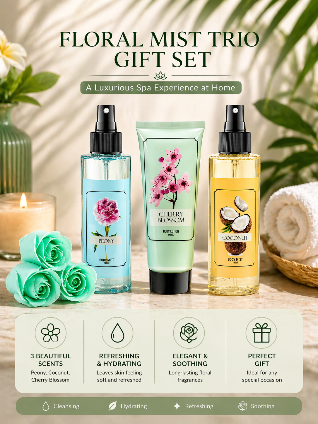 Floral Mist Trio Gift Set – Mother's Day Spa Gift Basket for Mom, Luxury Bath & Body Set, Peony, Coconut, Cherry Blossom Scented Self Care Kit
