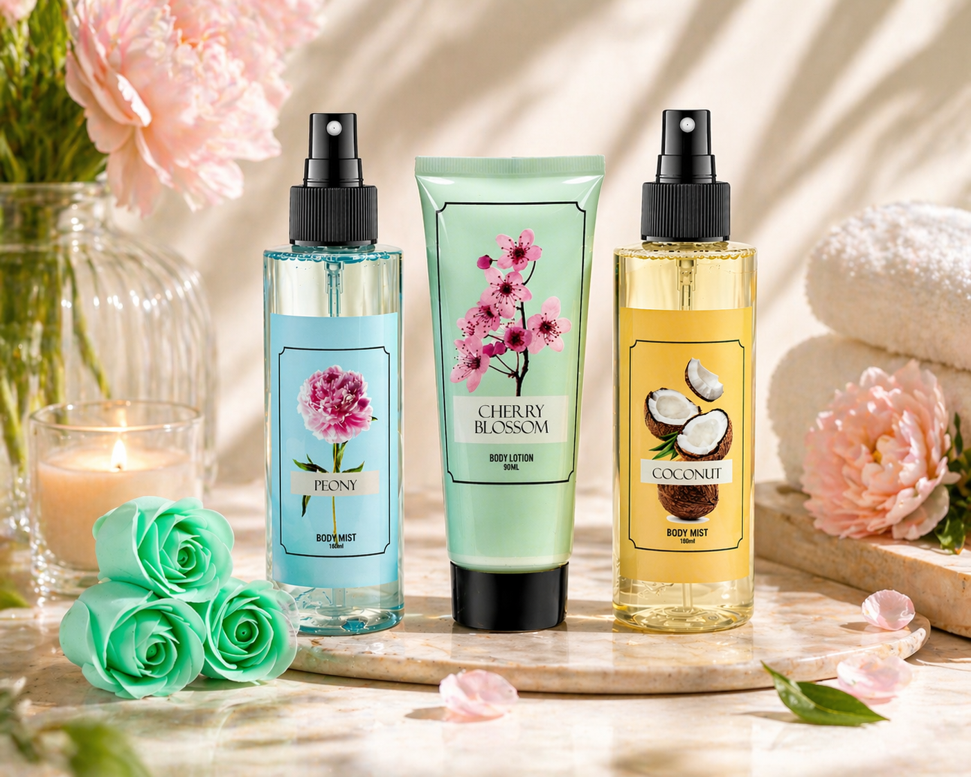 Floral Mist Trio Gift Set – Mother's Day Spa Gift Basket for Mom, Luxury Bath & Body Set, Peony, Coconut, Cherry Blossom Scented Self Care Kit
