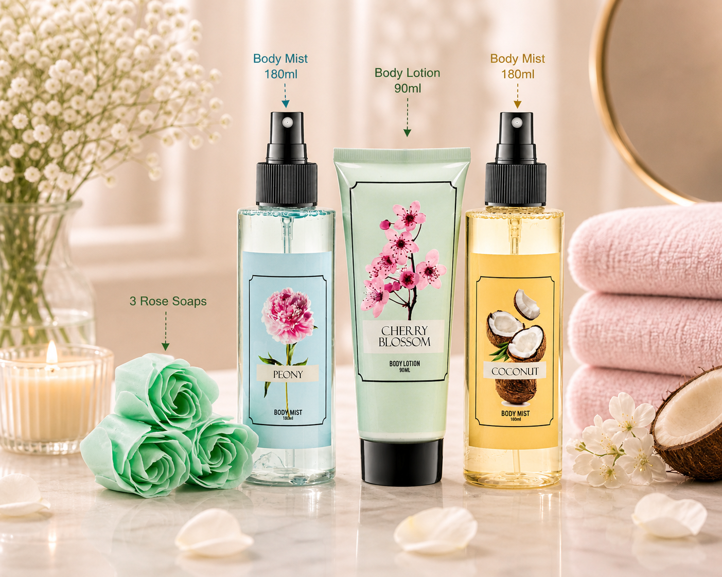 Floral Mist Trio Gift Set – Mother's Day Spa Gift Basket for Mom, Luxury Bath & Body Set, Peony, Coconut, Cherry Blossom Scented Self Care Kit
