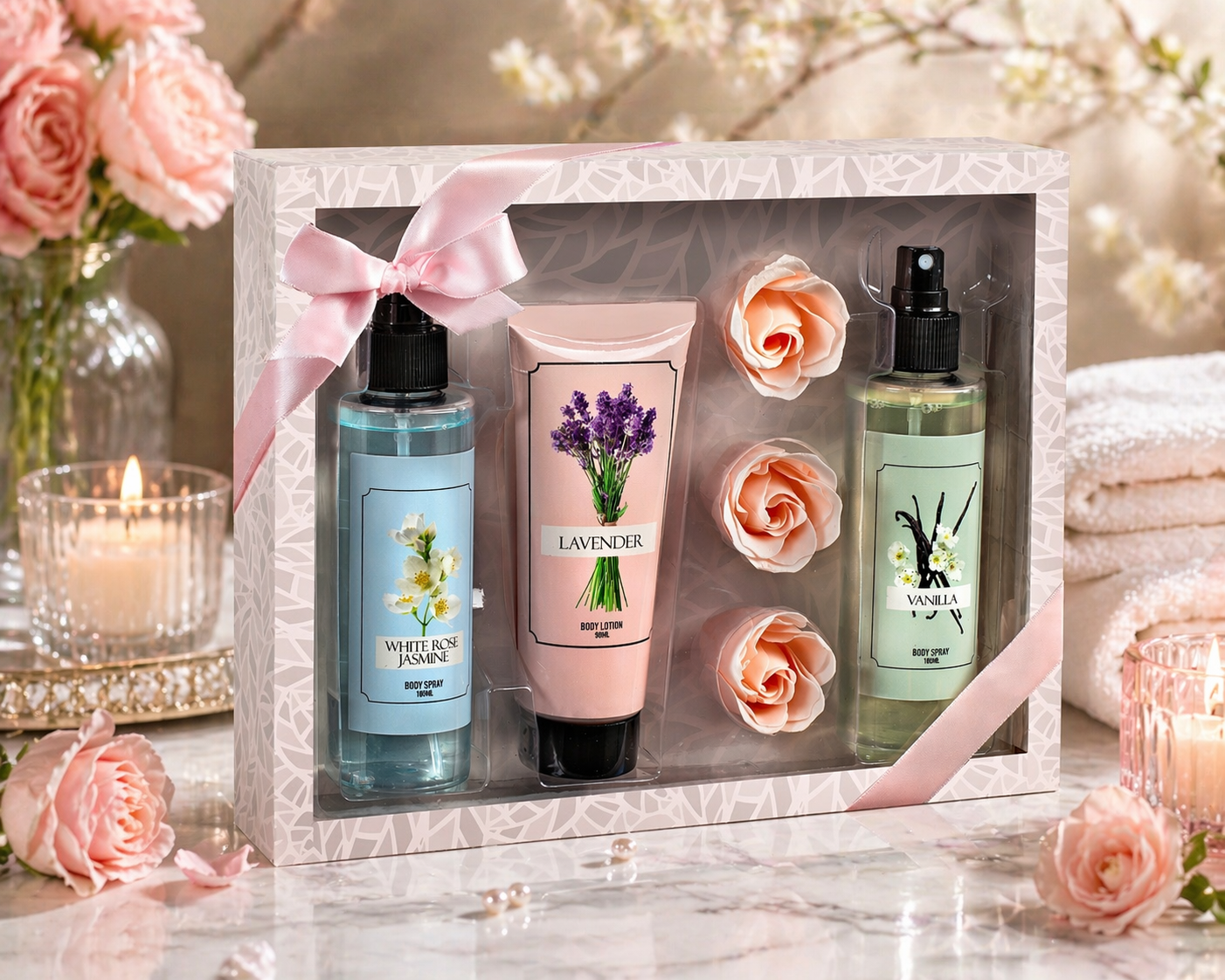 White Rose Jasmine Lavender Set – Mother's Day Spa Gift Basket for Mom, Luxury Bath & Body Set, White Rose Jasmine, Lavender, Vanilla Scented Self Care Kit
