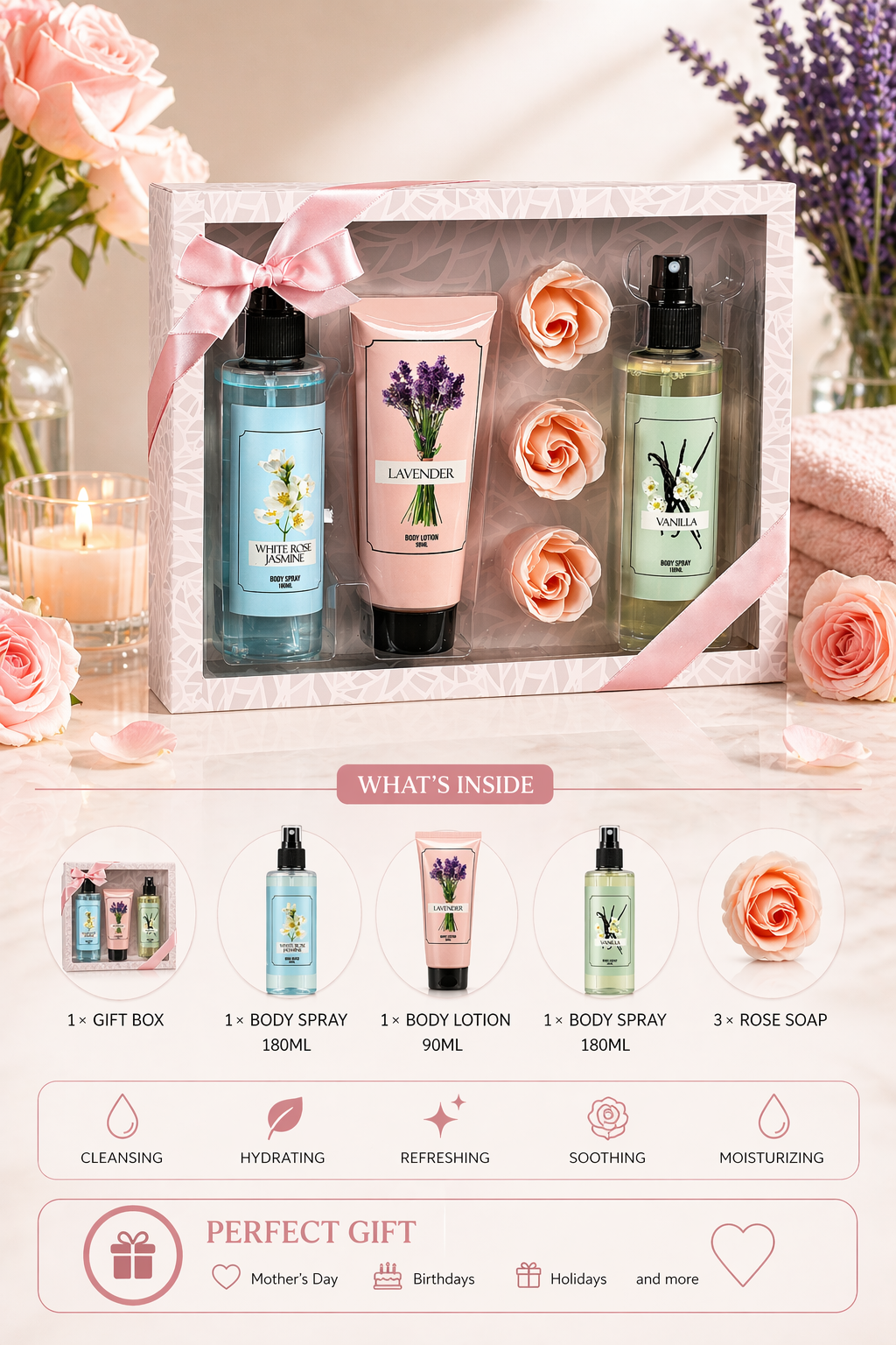 White Rose Jasmine Lavender Set – Mother's Day Spa Gift Basket for Mom, Luxury Bath & Body Set, White Rose Jasmine, Lavender, Vanilla Scented Self Care Kit