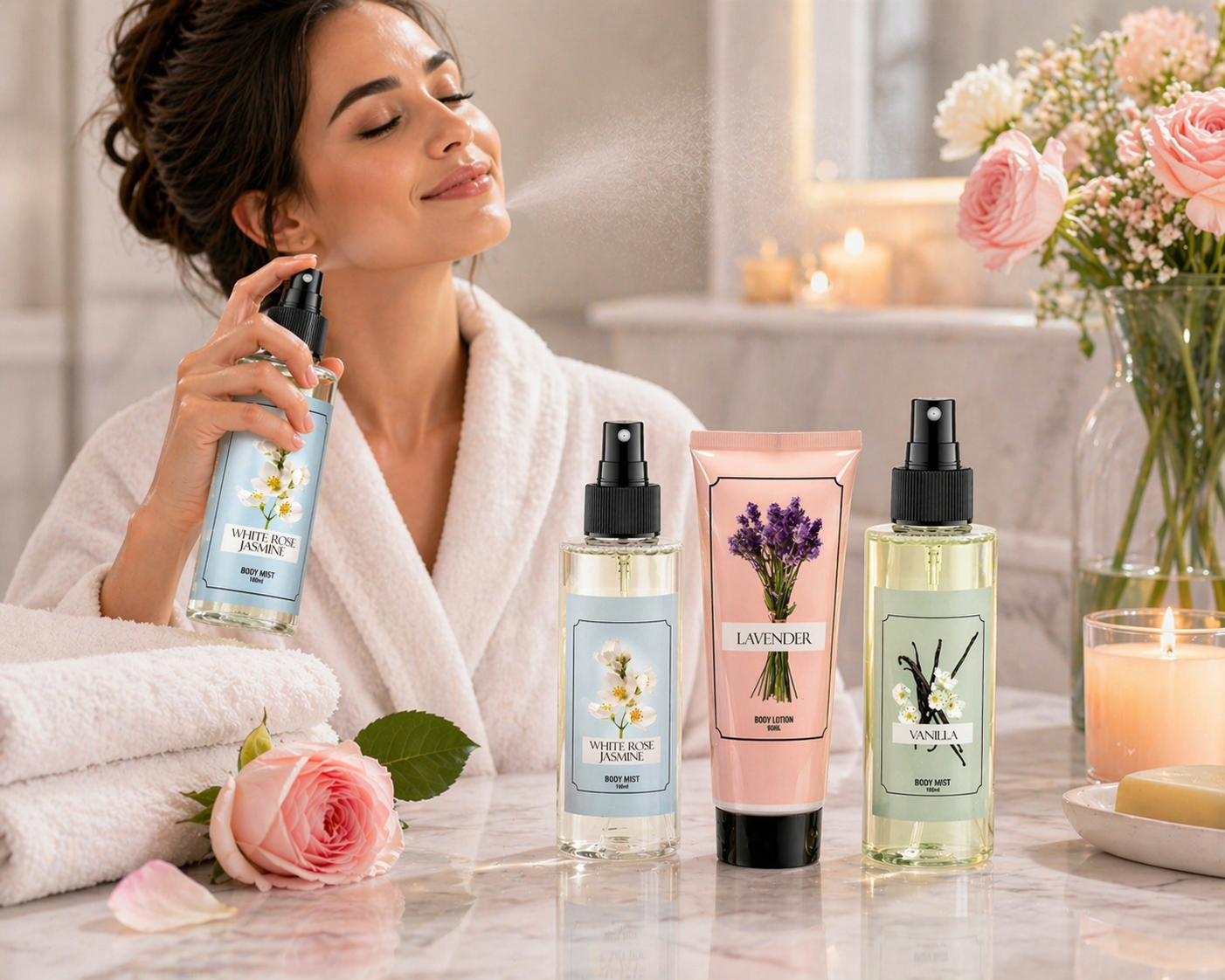 White Rose Jasmine Lavender Set – Mother's Day Spa Gift Basket for Mom, Luxury Bath & Body Set, White Rose Jasmine, Lavender, Vanilla Scented Self Care Kit