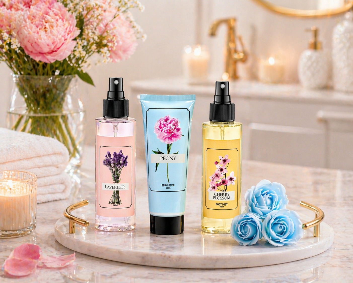 Cherry Blossom Lavender Peony Set – Mother's Day Spa Gift Basket for Mom, Luxury Bath & Body Set, Cherry Blossom, Lavender, Peony Scented Self Care Kit