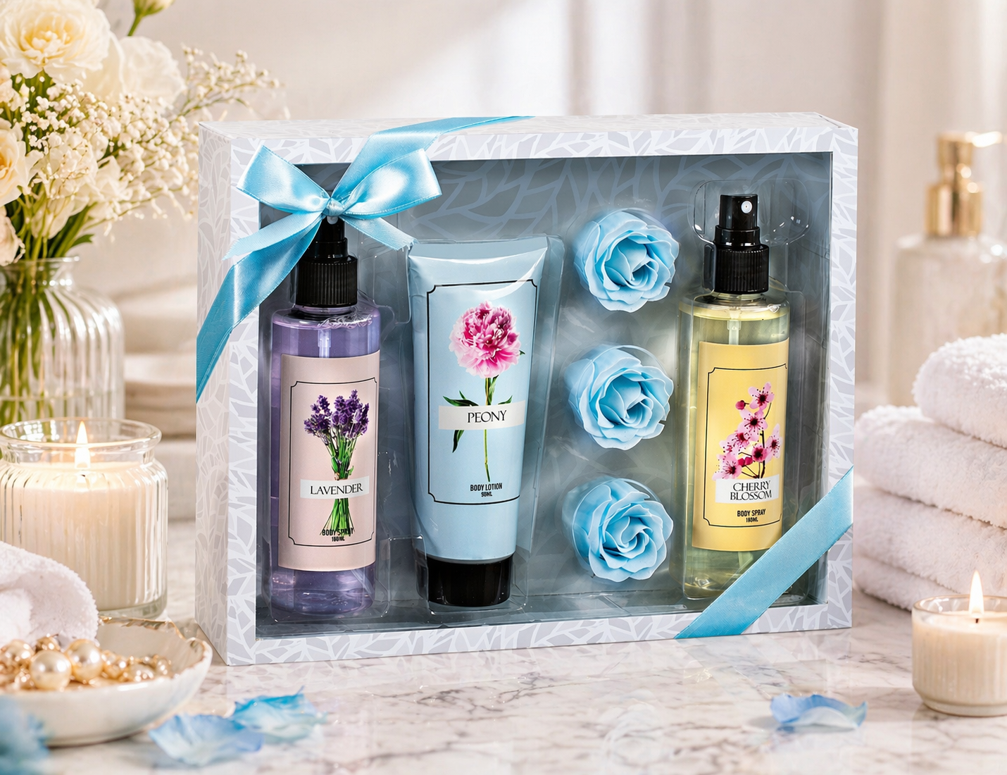 Cherry Blossom Lavender Peony Set – Mother's Day Spa Gift Basket for Mom, Luxury Bath & Body Set, Cherry Blossom, Lavender, Peony Scented Self Care Kit