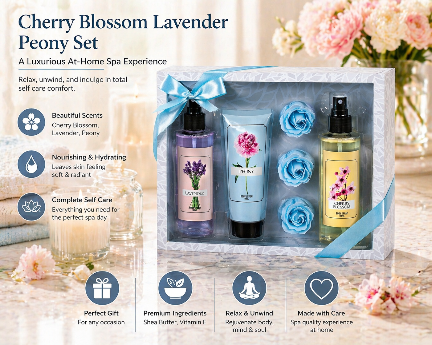 Cherry Blossom Lavender Peony Set – Mother's Day Spa Gift Basket for Mom, Luxury Bath & Body Set, Cherry Blossom, Lavender, Peony Scented Self Care Kit