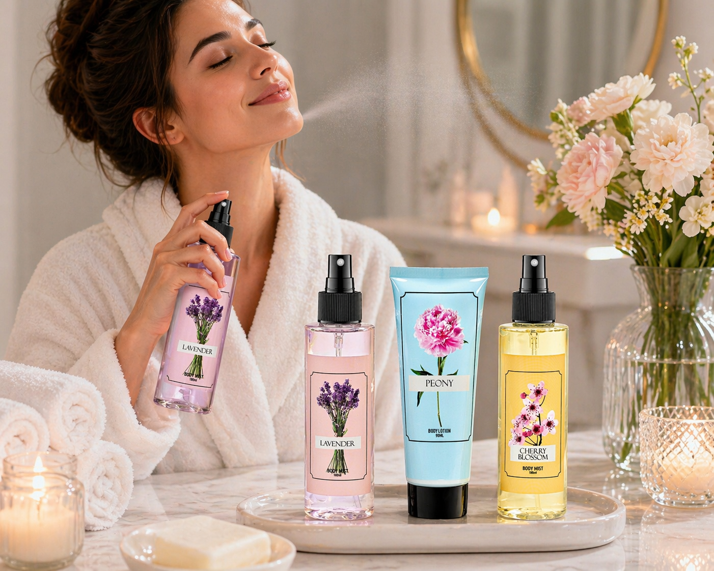 Cherry Blossom Lavender Peony Set – Mother's Day Spa Gift Basket for Mom, Luxury Bath & Body Set, Cherry Blossom, Lavender, Peony Scented Self Care Kit