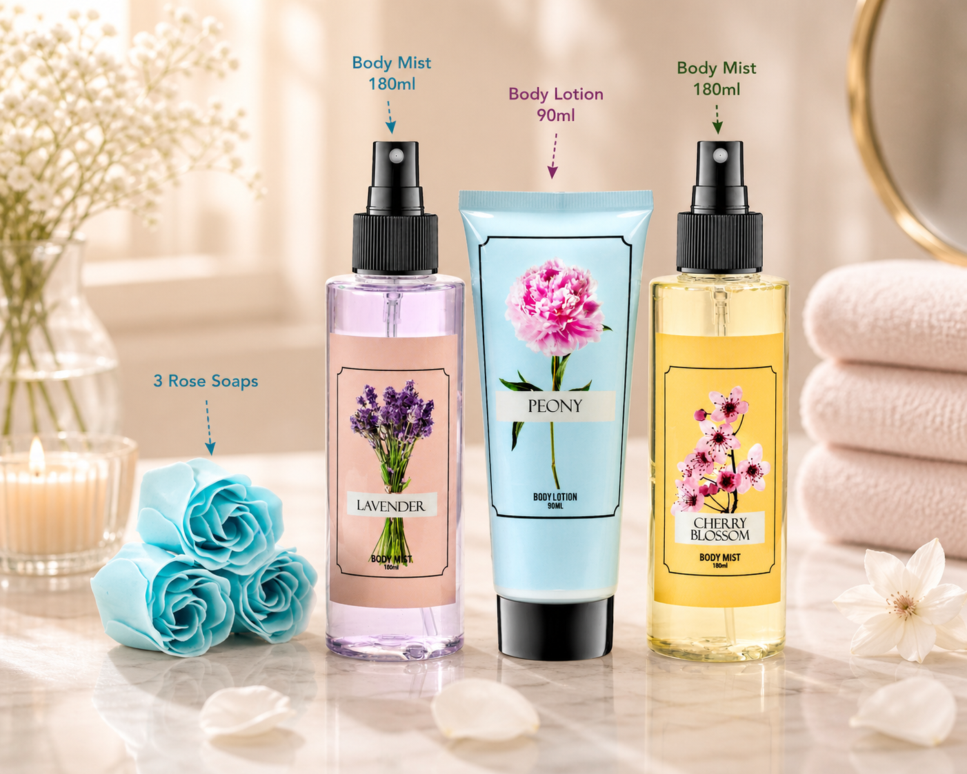 Cherry Blossom Lavender Peony Set – Mother's Day Spa Gift Basket for Mom, Luxury Bath & Body Set, Cherry Blossom, Lavender, Peony Scented Self Care Kit