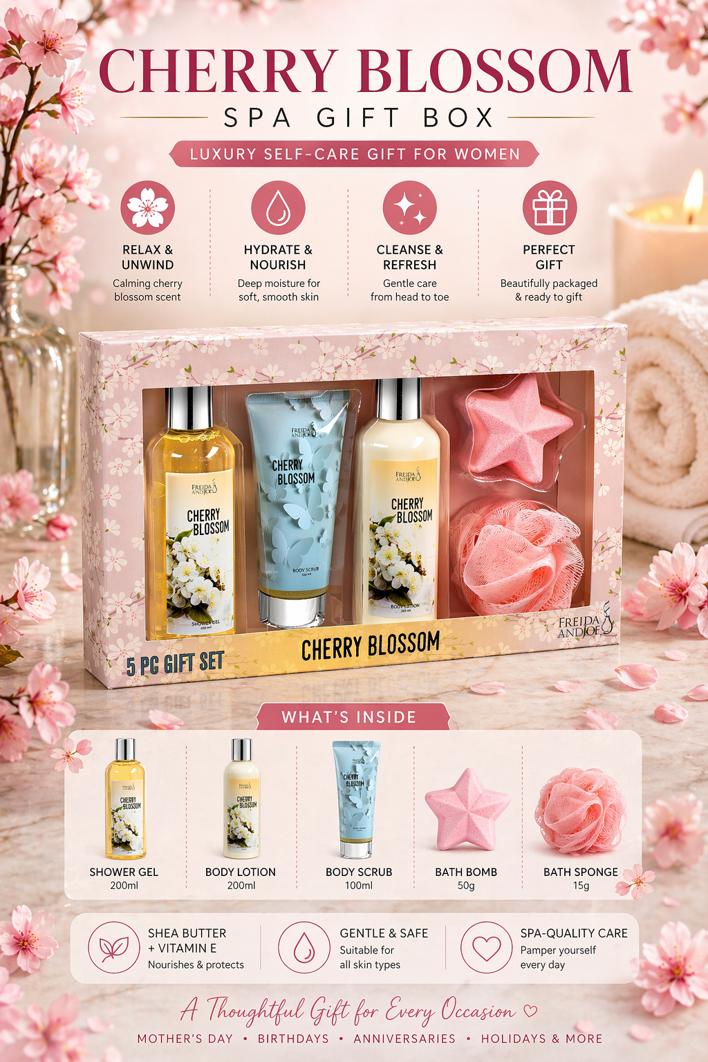 Cherry Blossom Spa Gift Box for Women – Luxury Bath & Body Gift Set