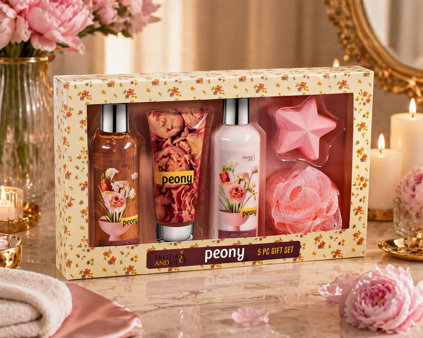 Peony Spa Gift Box – Mother's Day Spa Gift Basket for Mom, Luxury Bath & Body Set, Peony Scented Self Care Kit