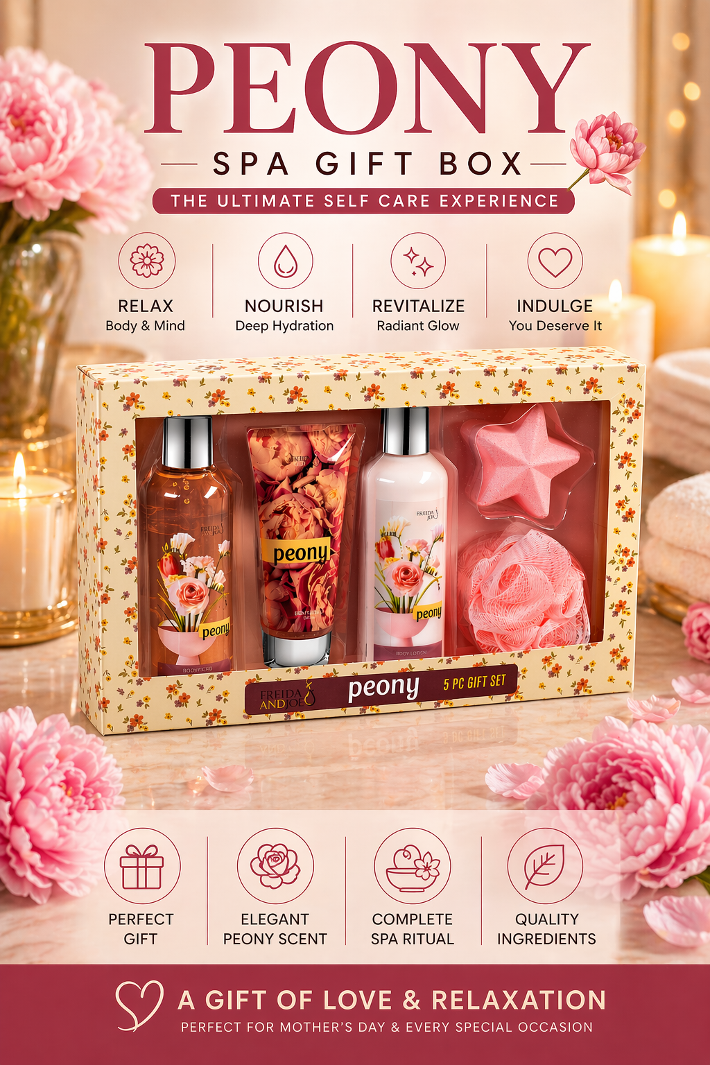 Peony Spa Gift Box – Mother's Day Spa Gift Basket for Mom, Luxury Bath & Body Set, Peony Scented Self Care Kit