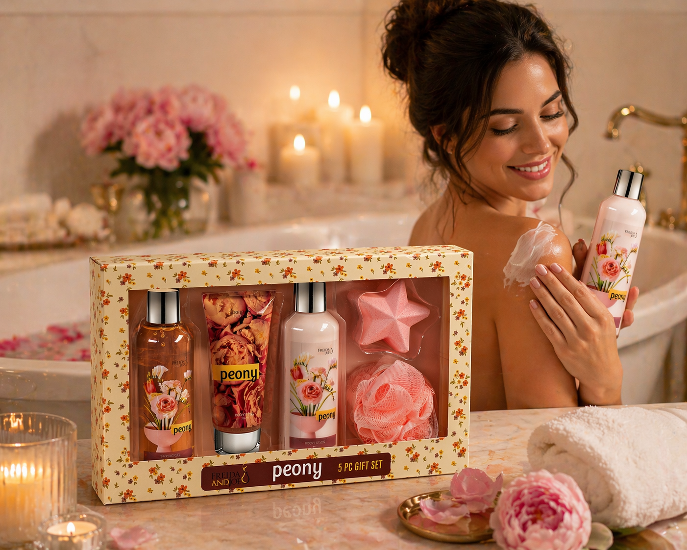 Peony Spa Gift Box – Mother's Day Spa Gift Basket for Mom, Luxury Bath & Body Set, Peony Scented Self Care Kit