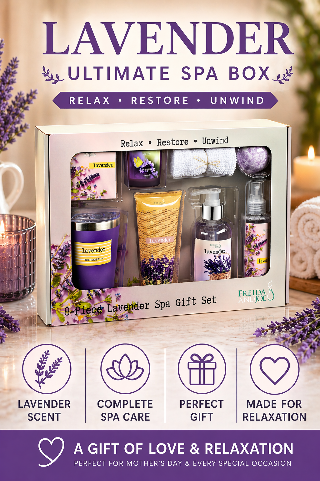 Lavender Ultimate Spa Box – Mother's Day Spa Gift Basket for Mom, Luxury Bath & Body Set, Lavender Scented Self Care Kit