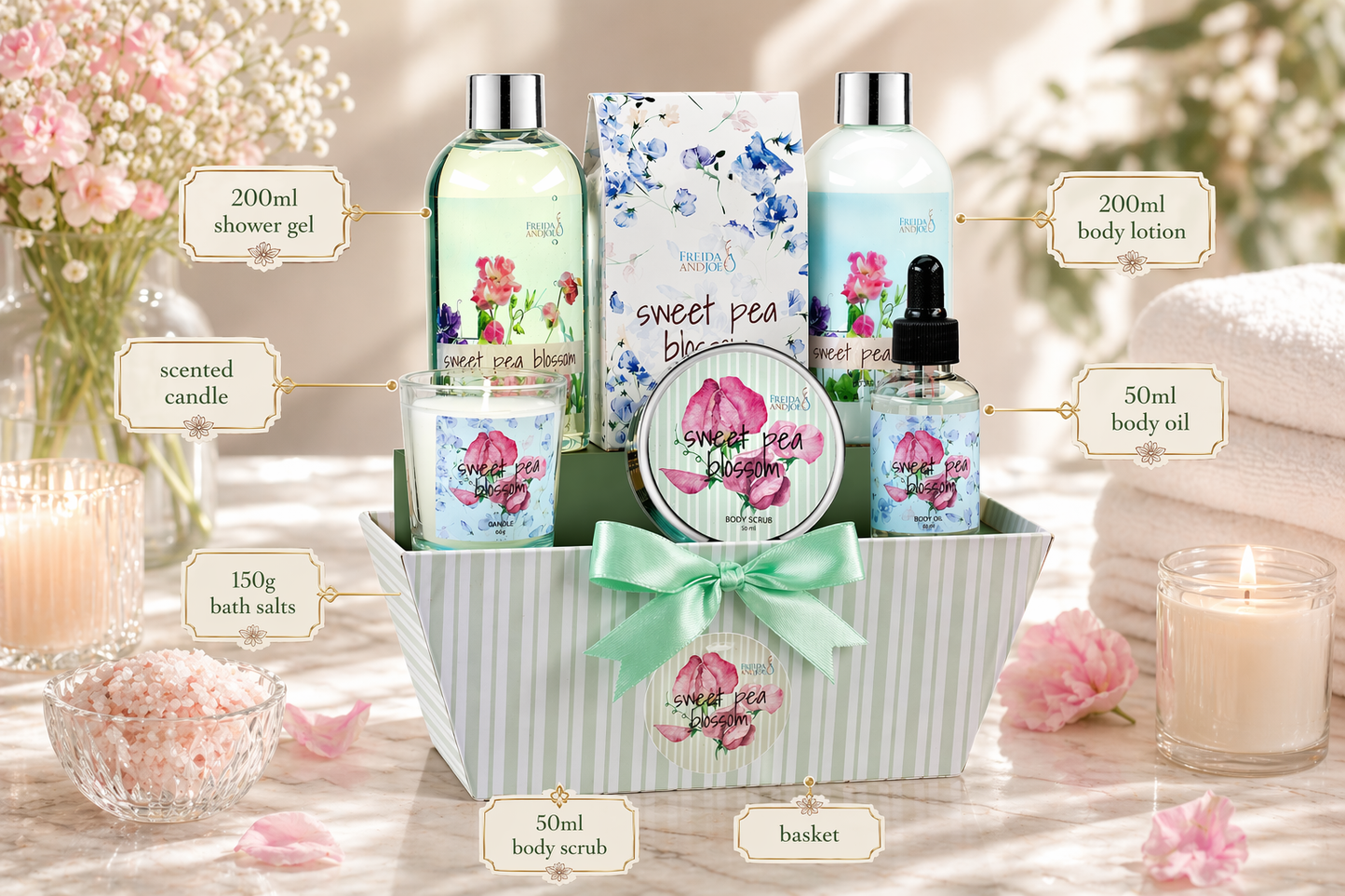 Sweet Floral Blossom Spa Gift Basket for Women – Mother’s Day Bath & Body Gift Set