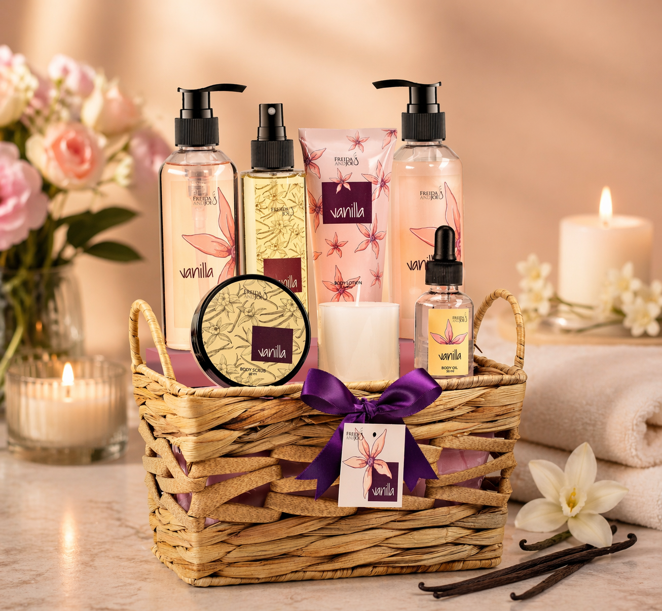 Vanilla Spa Gift Basket for Women – Mother’s Day Bath & Body Gift Set in Wicker Basket