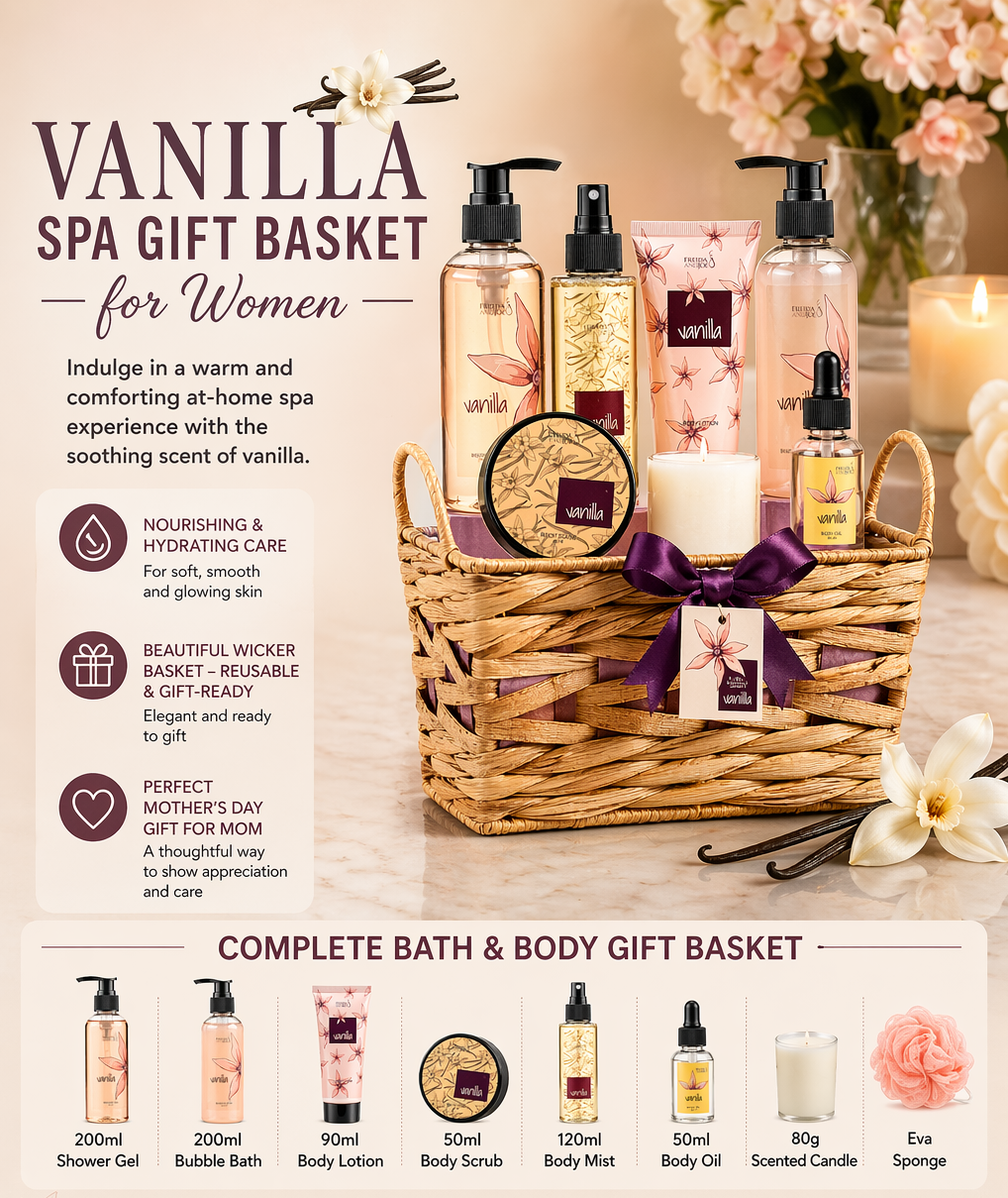 Vanilla Spa Gift Basket for Women – Mother’s Day Bath & Body Gift Set in Wicker Basket