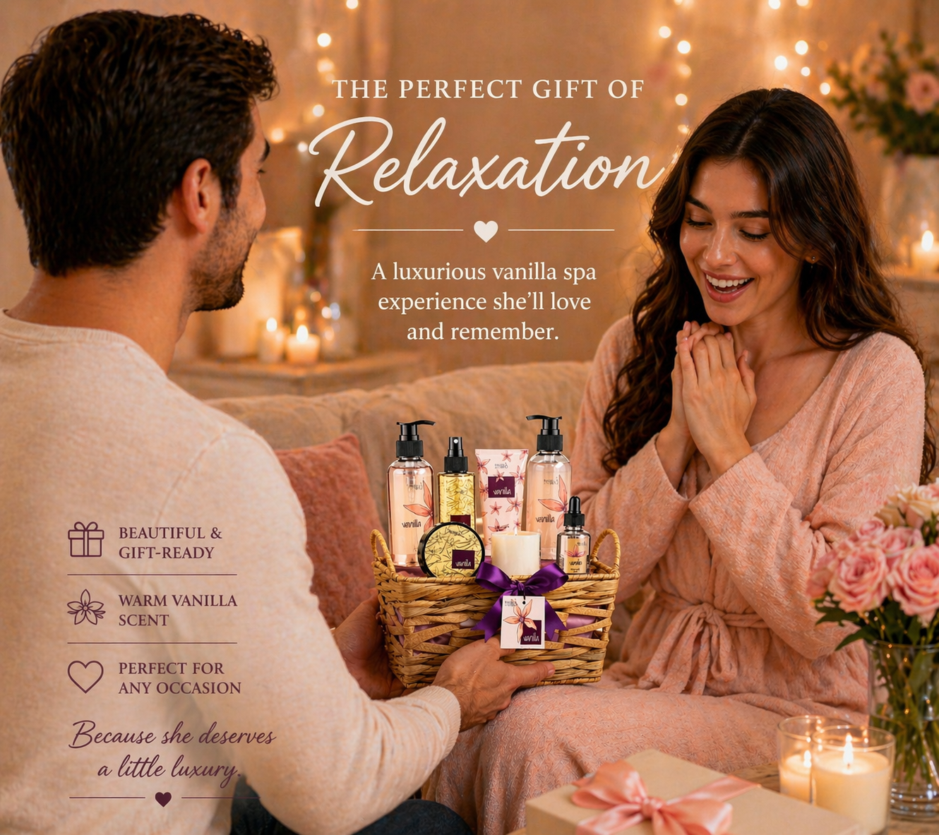 Vanilla Spa Gift Basket for Women – Mother’s Day Bath & Body Gift Set in Wicker Basket