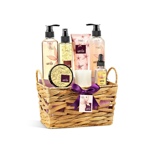 Vanilla Spa Gift Basket for Women – Mother’s Day Bath & Body Gift Set in Wicker Basket