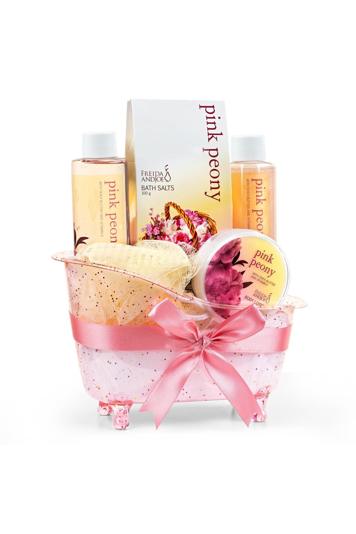 Pink Peony Tub Spa Basket, Shower Gel, Bubble Bath, Body Lotion, Bath Salts & Puff