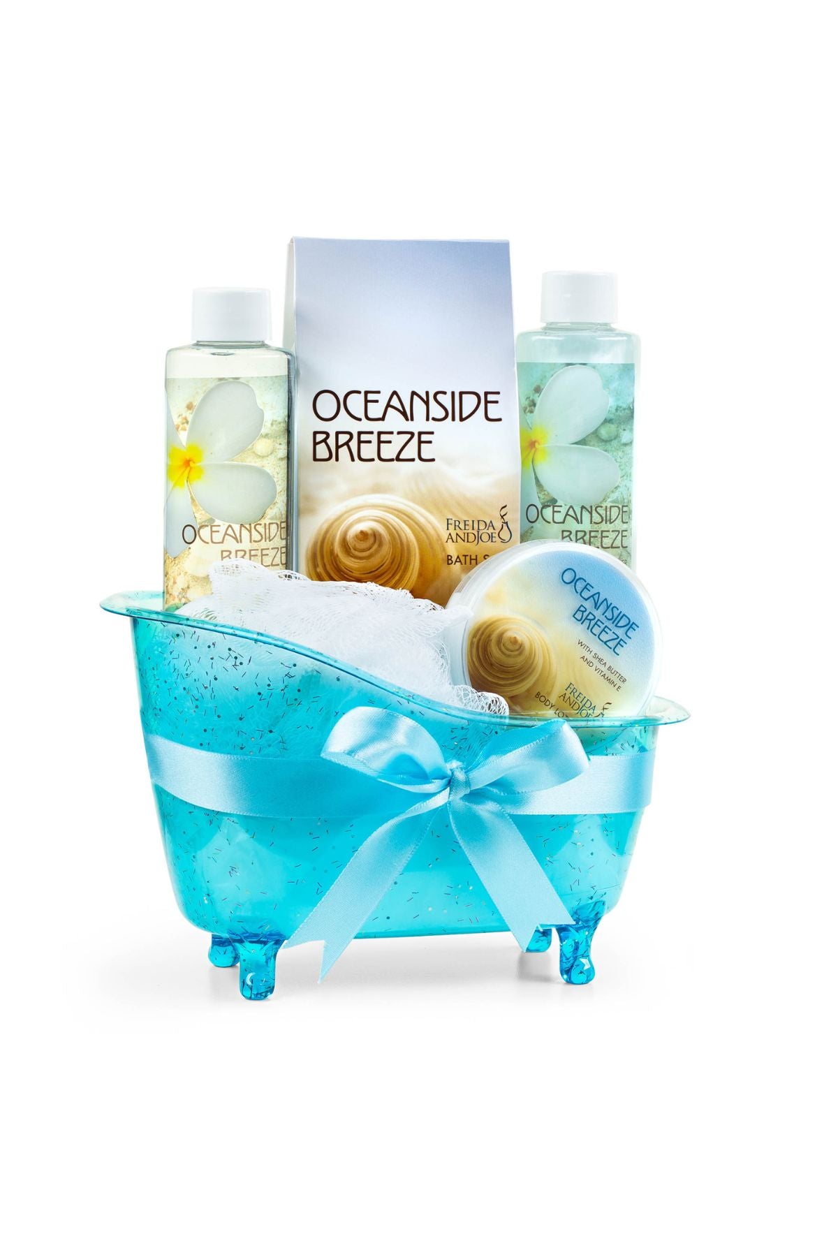 Oceanside Breeze Tub Bath Spa Set: Shower Gel, Bubble Bath, Body Lotion, Bath Salt, & Puff