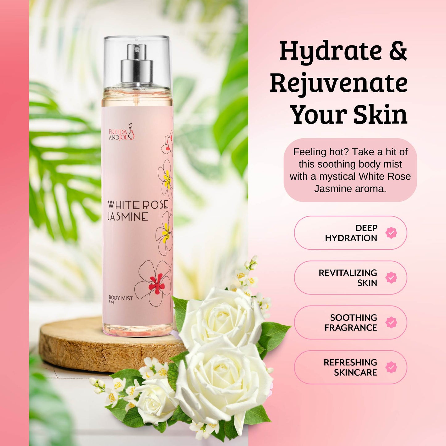White Rose Jasmine Fragrance Body Mist in 8oz Spray Bottle