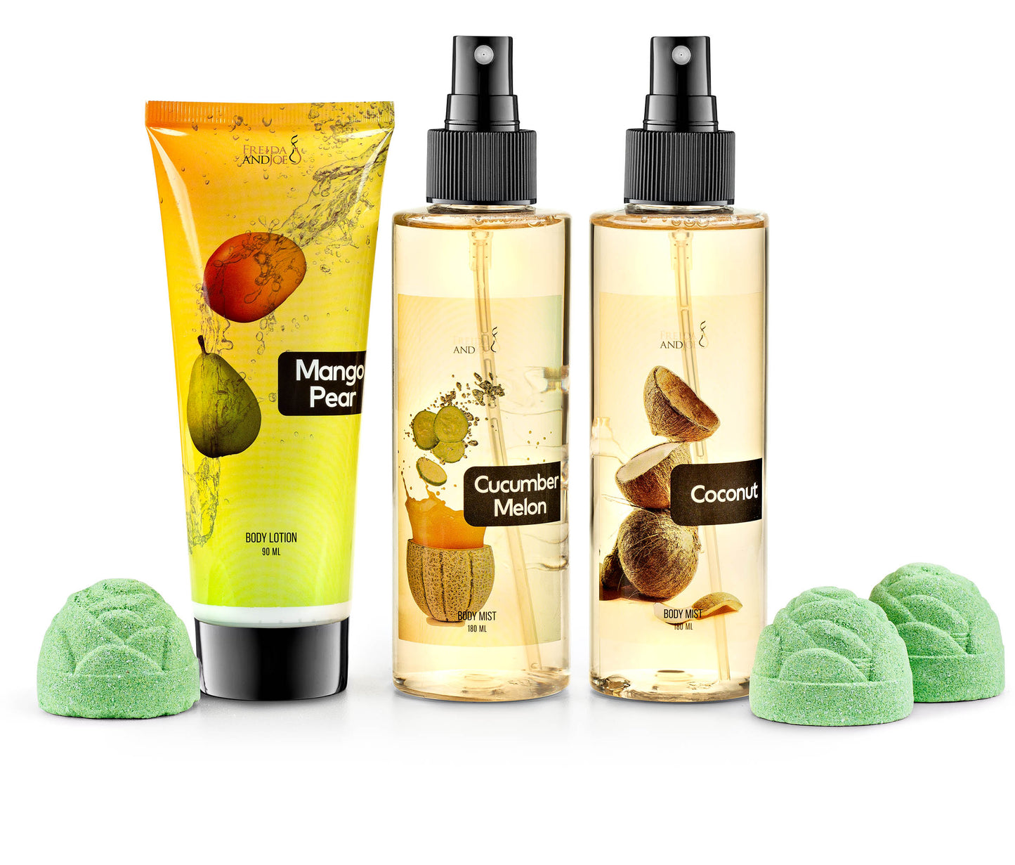 Fine Fragrance Body Mist & Body Splash Gift Set – Luxury Self-Care Combo for Women and Girls (Coconut, Cucumber, Mango Pear w/ Bath Fizzer, Bath Bomb)