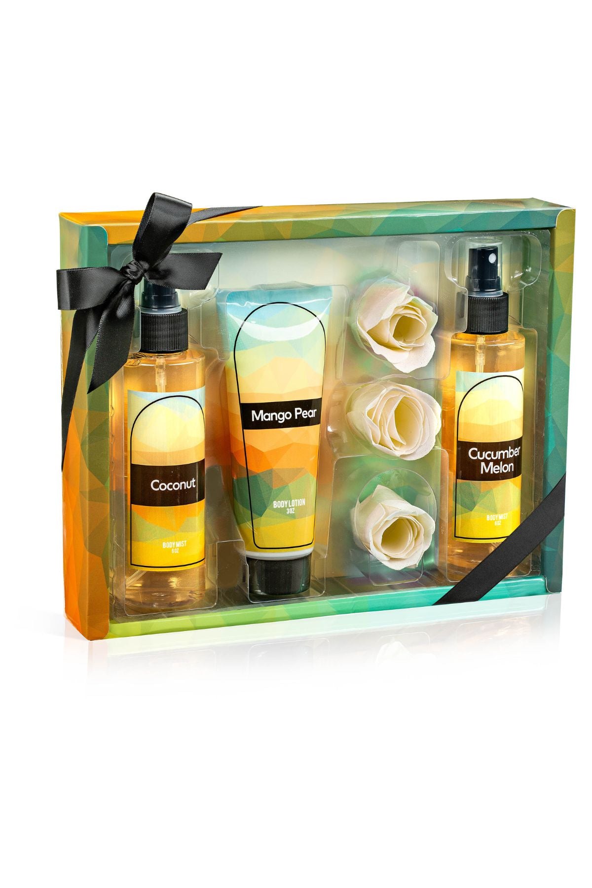 Fine Fragrance Body Mist & Body Splash Gift Set - Coconut, Cucumber, Mango Pear with Rose Soap