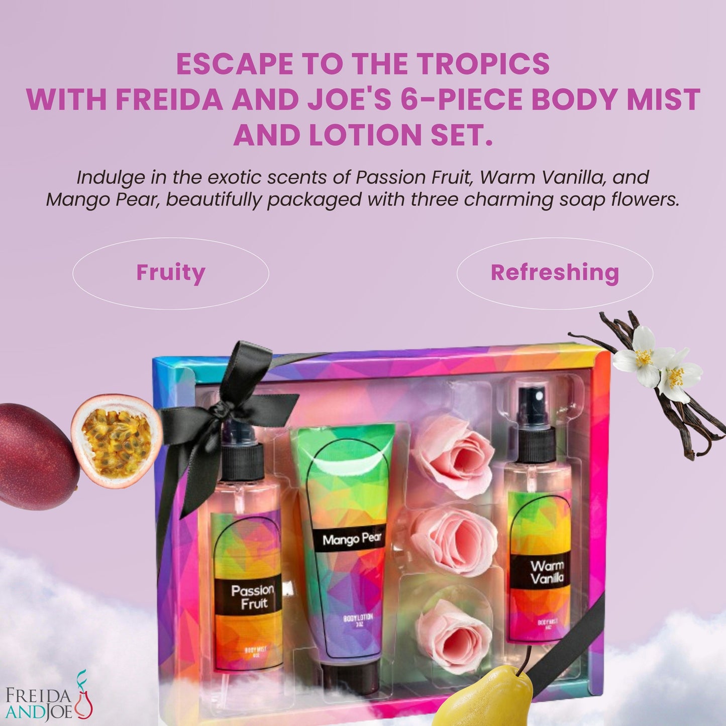 Fine Fragrance Body Mist & Body Splash Gift Set – Luxury Self-Care Combo for Women and Girls (Passion Fruit, Warm Vanilla, Mango Pear, Rose Soap)