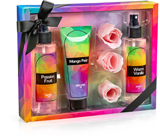 Fine Fragrance Body Mist & Body Splash Gift Set – Luxury Self-Care Combo for Women and Girls (Passion Fruit, Warm Vanilla, Mango Pear, Rose Soap)