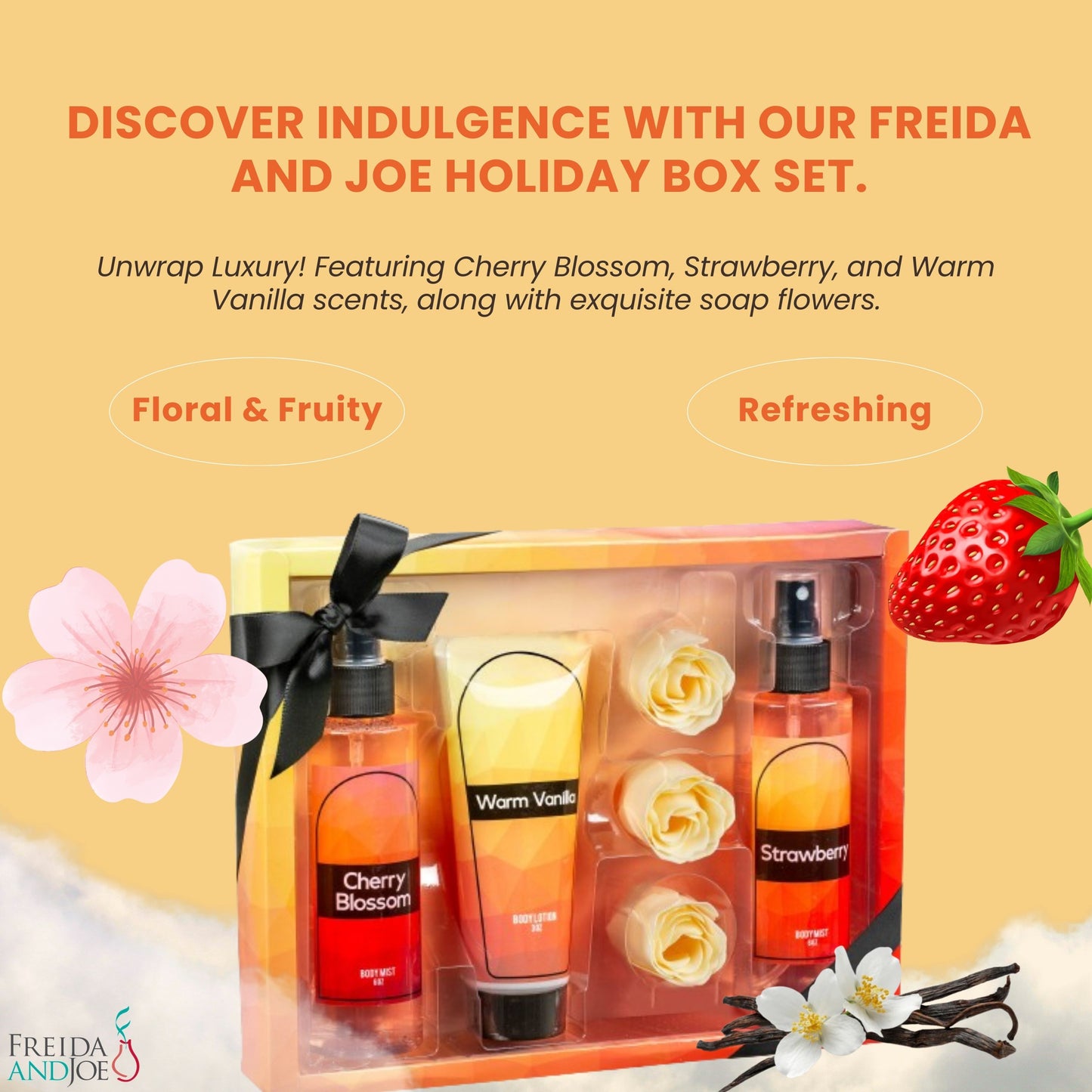 Fine Fragrance Body Mist & Body Splash Gift Set – Luxury Self-Care Combo for Women and Girls (Cherry Blossom, Strawberry, Warm Vanilla, Rose Soap)