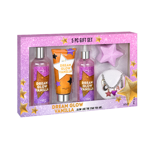 Dream Glow Vanilla Teen Spa Gift Set – Glow Like the Star You Are Bath & Body Collection with Body Mist, Shower Gel, Lotion, Star Bath Fizzer & Charm Bracelet