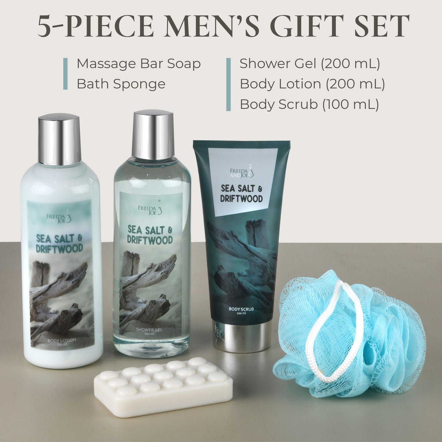 Sea Salt & Driftwood Spa Gift Set for Men-5 piece Bath and Body Gift Set