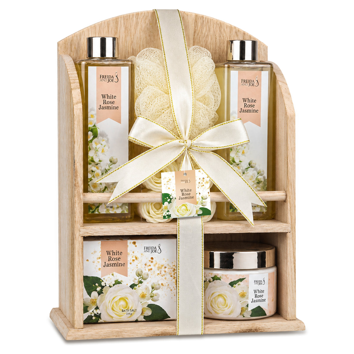 Freida & Joe Luxury Bath & Body Spa White Rose Jasmine Wood Curio Set - 7pc